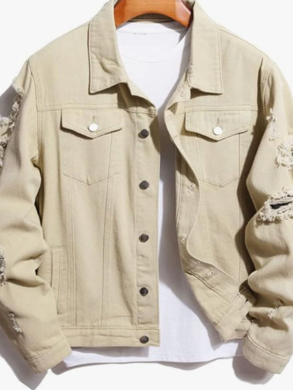 Men’s Beige Distressed Jacket Oversized Streetwear SHEIN Trendy Style L